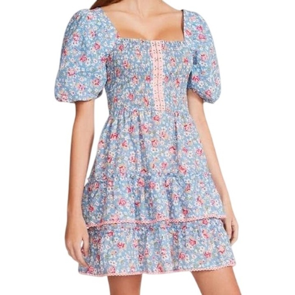 Betsey Johnson Sky Cottage Floral Seersucker Dress Blue MIlkmaid XXL *Flaw